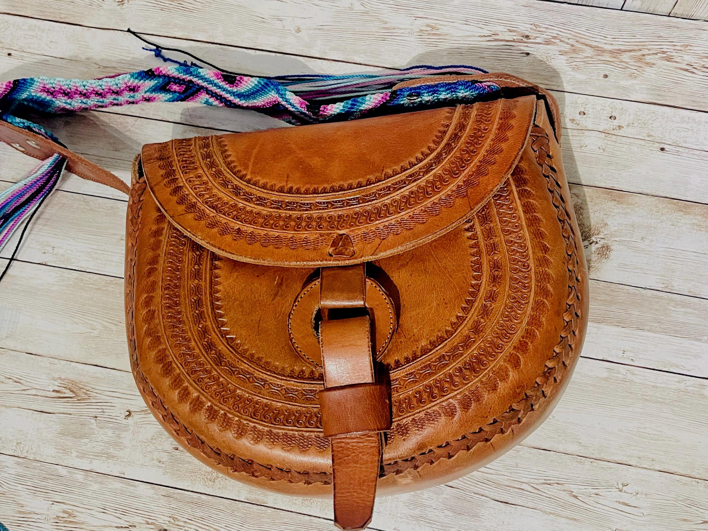 Handcrafted Tooled Western Mexican Leather Crossbody Bag with Woven Straps Bolsa Mexicana de Piel con Correa Tejida
