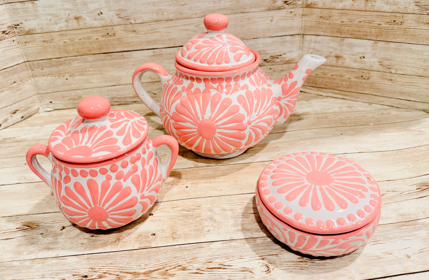 Mexican Pink Talavera Coffeepot Teapot Set with Sugar Bowl and Serving Dish with Lid Talavera Rosa Tetera con Azucarera y Charola Chica para Servir