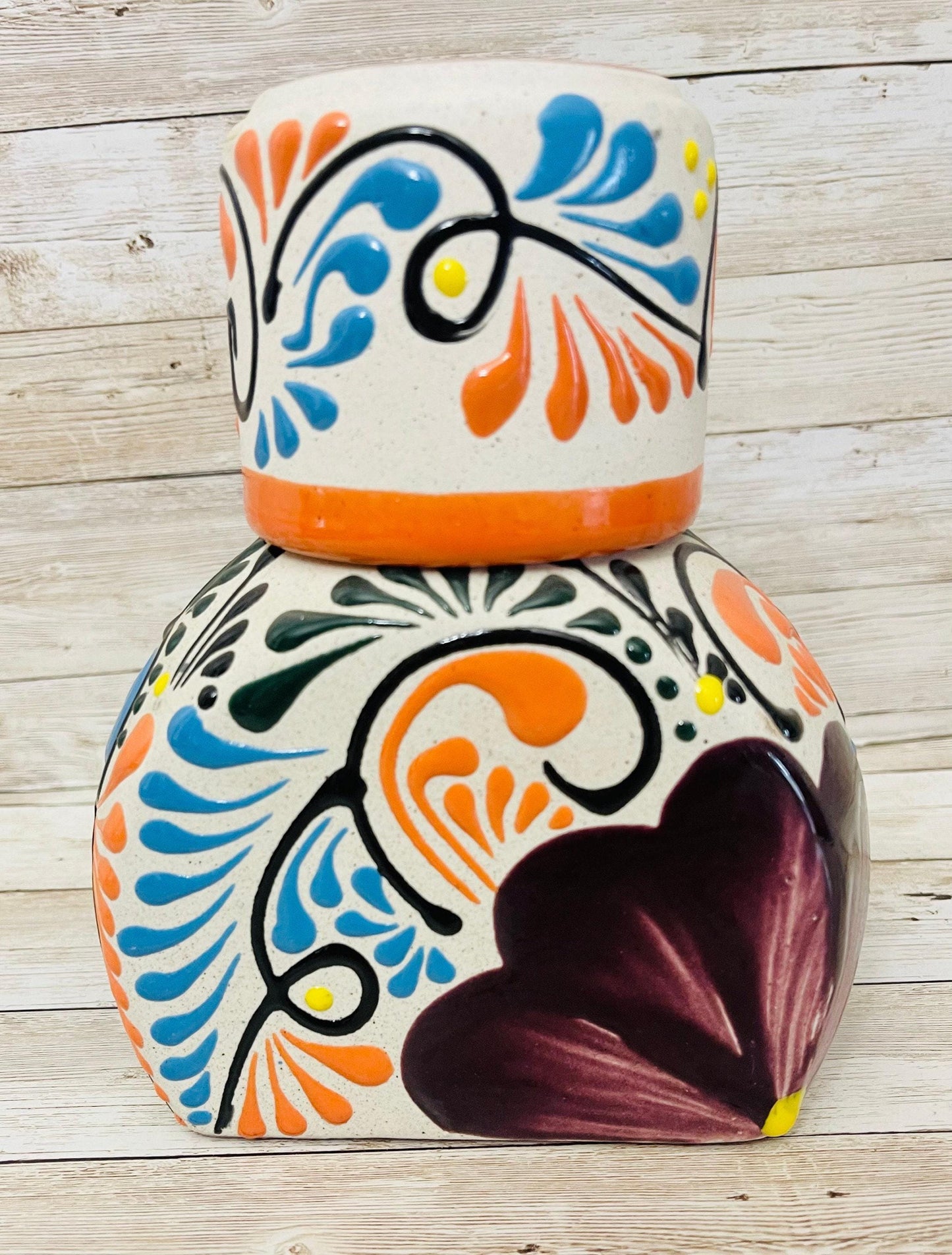 Terra Cotta Mexican Art Water Jug with Cup Garrafon de Barron Artesanal Mexicana con Vaso
