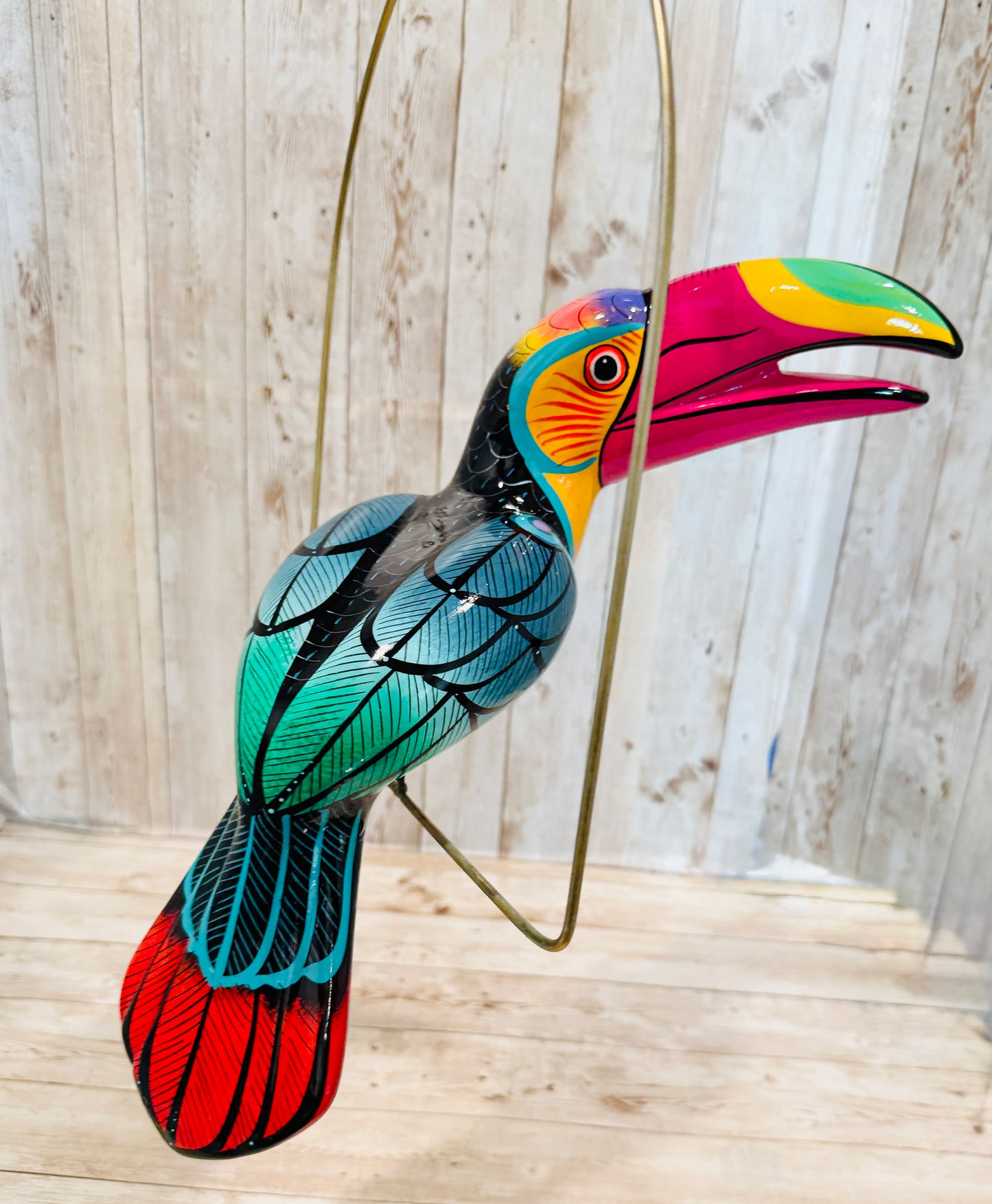 Mexican Exotic Ceramic Bird on a Perch Pajaro Mexicano de Ceramic en Aro
