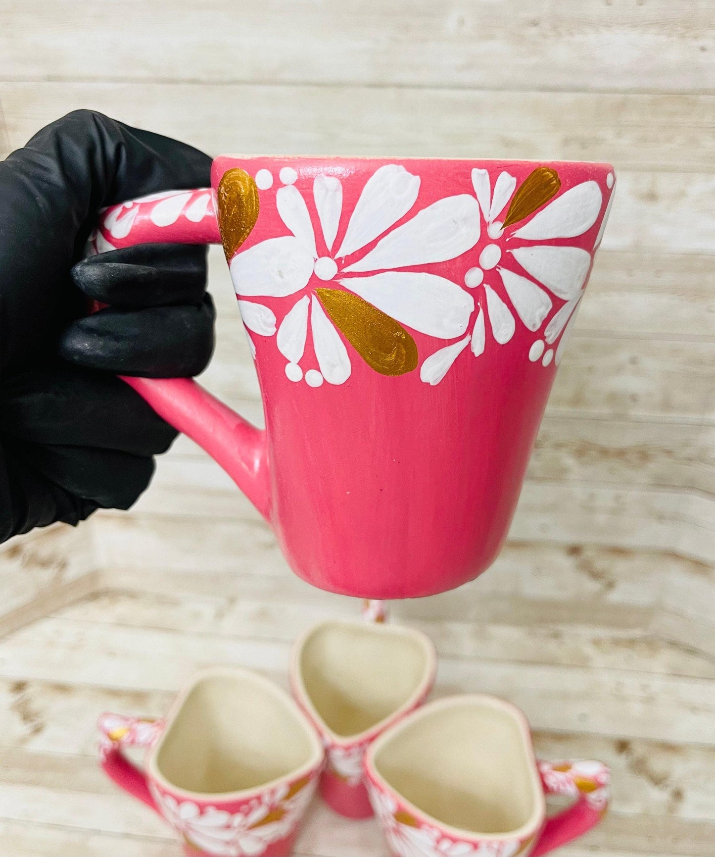 4x Mexican Ceramic Heart Shaped Pottery Cups 4x Tazas de Ceramica Mexicanas en Forma de Corazon