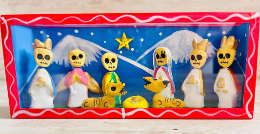 Nicho Mexicano De Nacimiento de Catrinas y Vitrina Mexican Sugar Skulls Nativity Scene Shadow Box