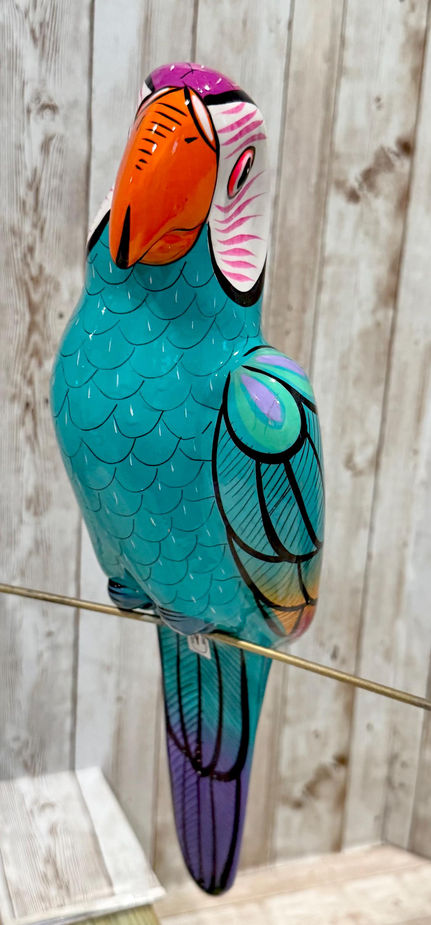 Mexican Exotic Ceramic Bird on a Perch Pajaro Mexicano de Ceramic en Aro