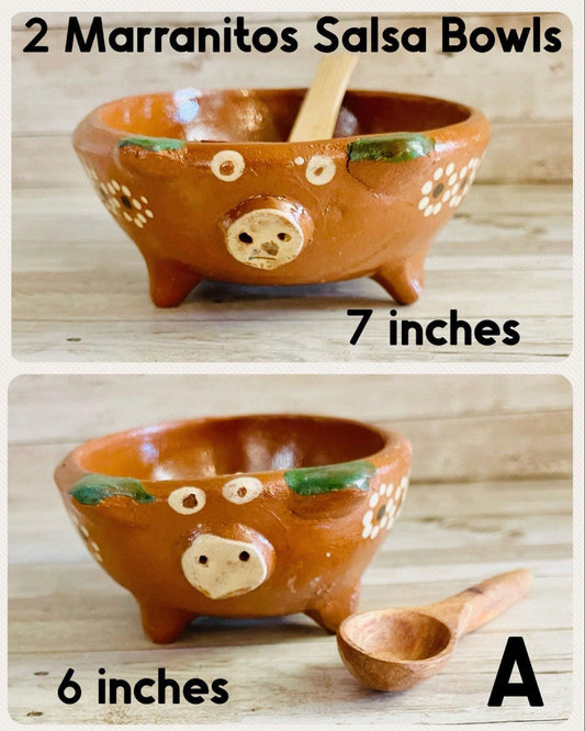 Terra Cotta Mexican Pottery Salsa Pig Bowl with Spoon Salsera de Barro Mexicana de Marranito con Cuchara