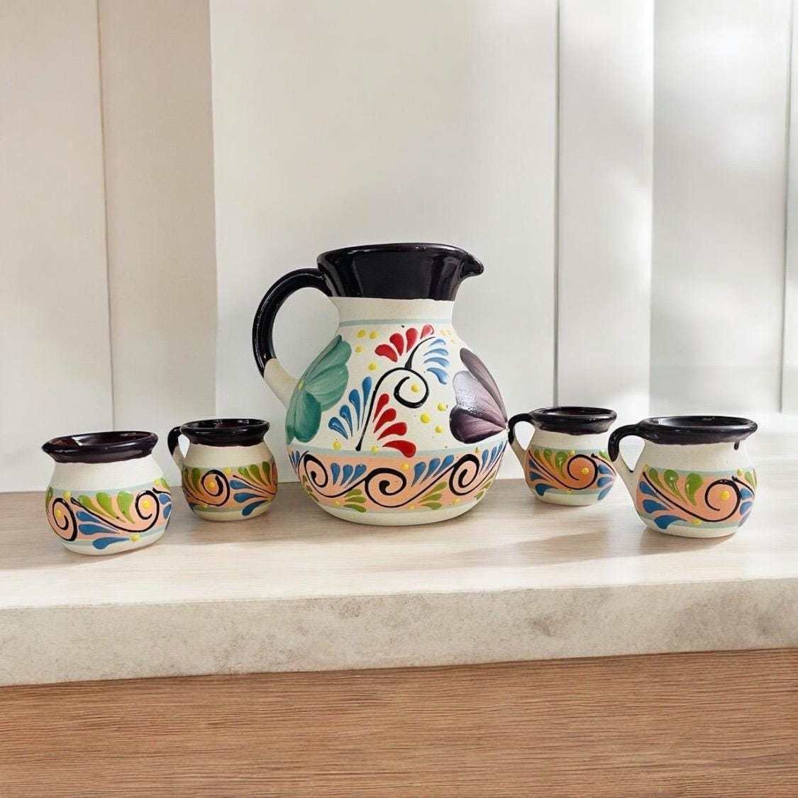 Terra Cotta Mexican Art Pottery Pitcher With 6 Cups Jarra Artesanal Mexicana