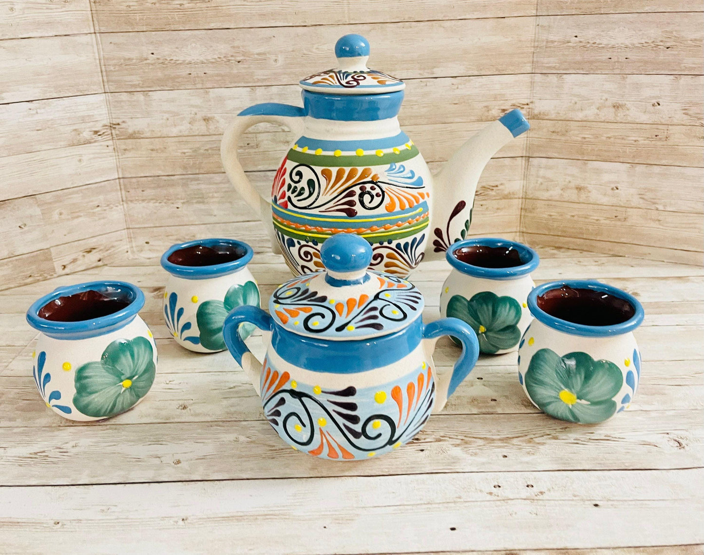 Terra Cotta Mexican Art Pottery CoffeeTea Set Drinkware With 4 Mugs Jarra Lechera Cafetera Artesanal con 4 tazas y Azucarera