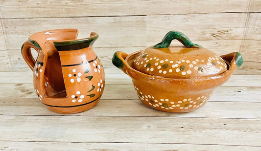 Servilletero y Cazuelita de Barro Mexicano Mexican Clay Napkin Holder and Casserole