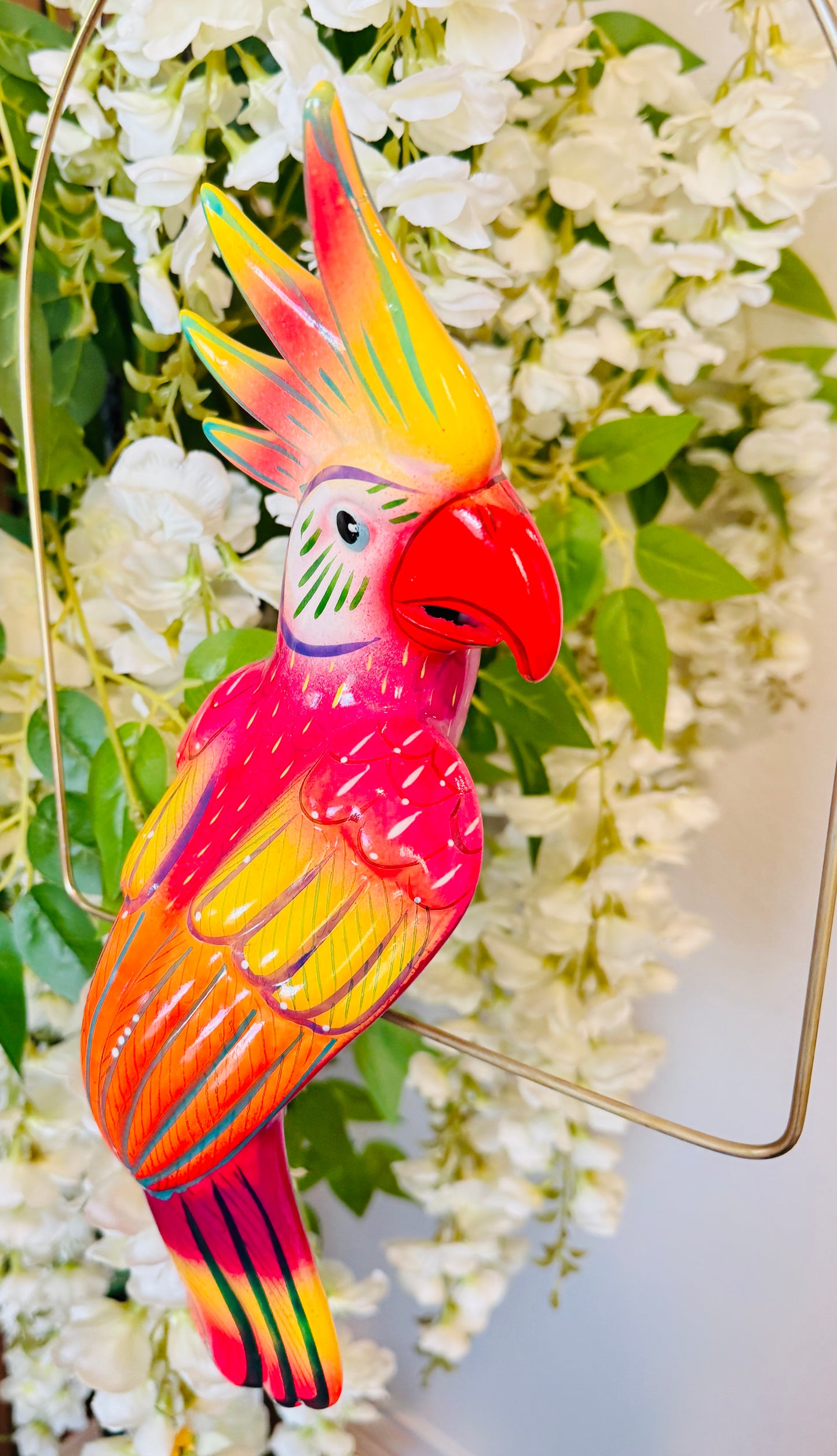 Mexican Exotic Ceramic Bird on a Perch Pajaro Mexicano de Ceramic en Aro