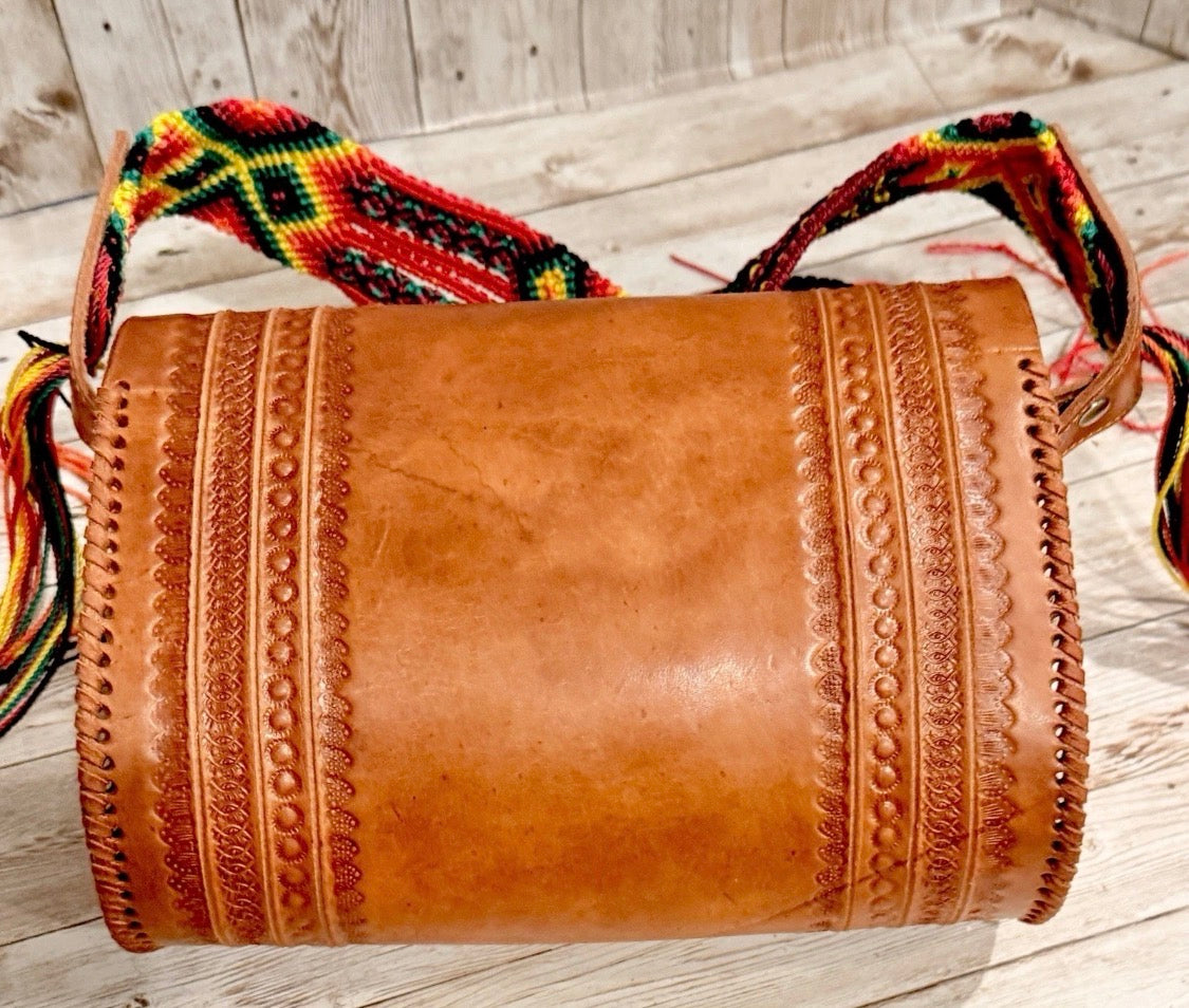 Handcrafted Tooled Western Mexican Leather Crossbody Bag with Woven Straps Bolsa Mexicana de Piel con Correa Tejida