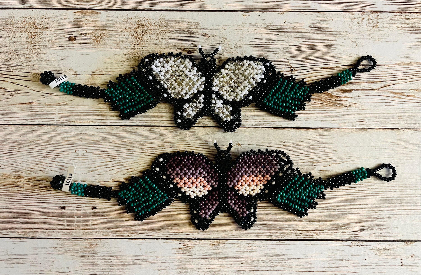 2x CHAQUIRA Huichol Mexican Butterfly Bracelets 2 Pulseras de Chaquira Huichol de Mariposas
