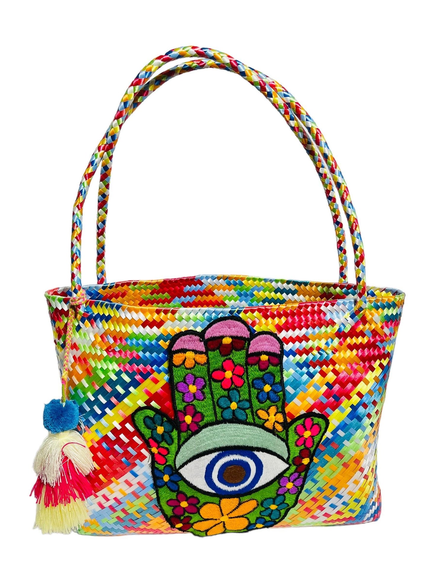 Hamsa Evil Eye Hand Woven Plastic Tote Bolsa Mexicana Artesenal Hamsa Mal De Ojo
