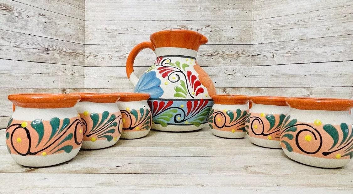 Terra Cotta Mexican Art Pottery Pitcher With 6 Cups Jarra Artesanal Mexicana