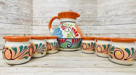 Terra Cotta Mexican Art Pottery Pitcher With 6 Cups Jarra Artesanal Mexicana