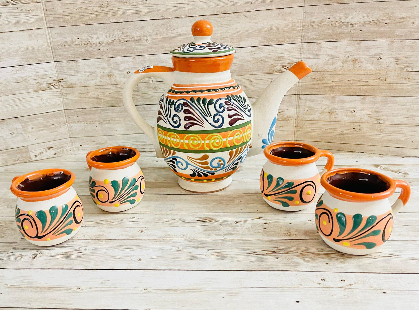 Terra Cotta Mexican Art Pottery CoffeeTea Set Drinkware With 4 Mugs Jarra Lechera Cafetera Artesanal con 4 tazas