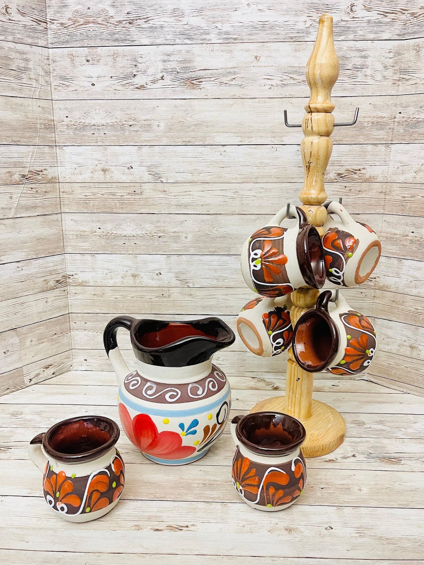 Terra Cotta Mexican Art Pottery CoffeeTea Pot with 6 Mugs and Mug Tree Jarra Lechera Cafetera Artesanal Mexicana Engove con 6 Tazas y Torre