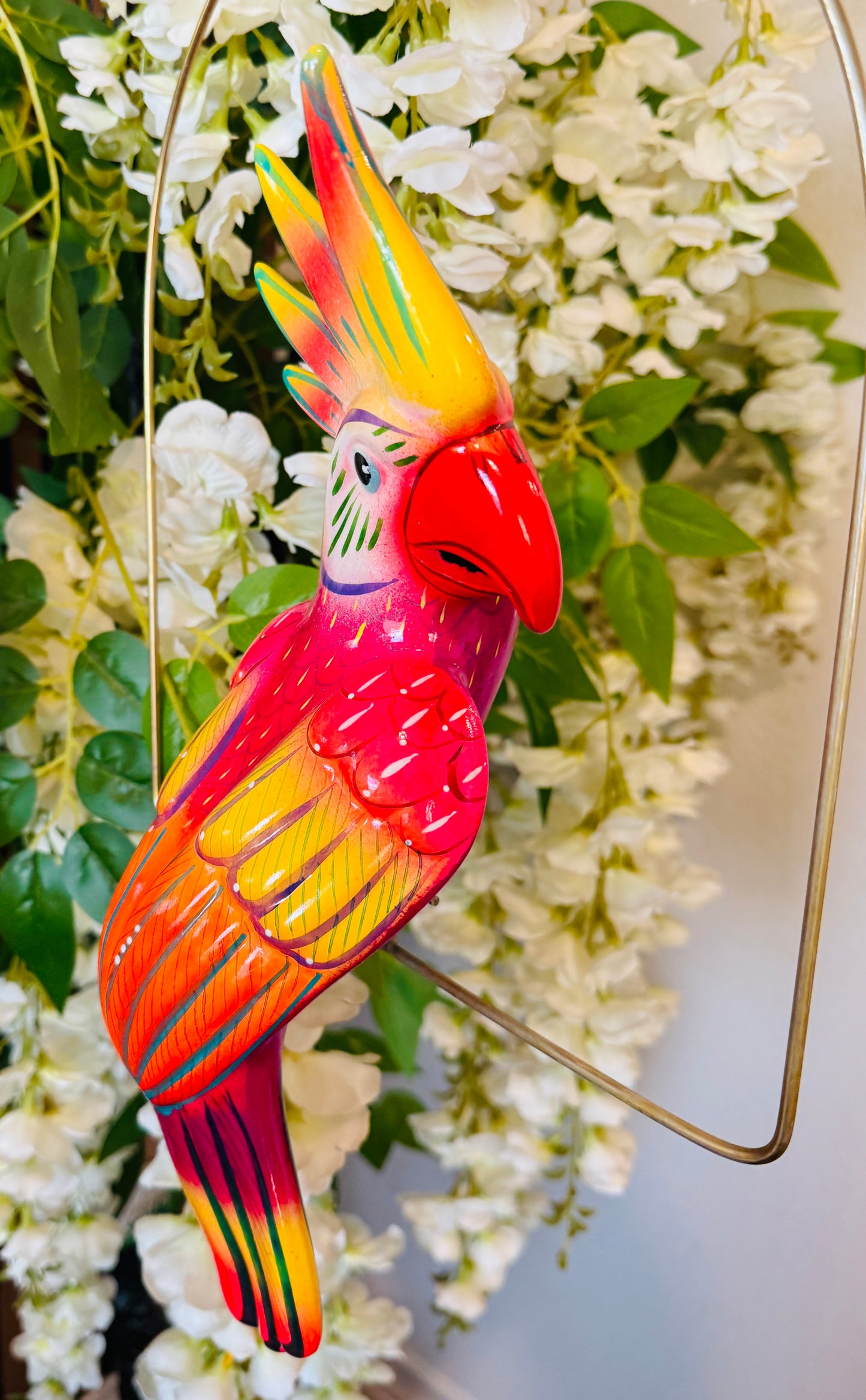Mexican Exotic Ceramic Bird on a Perch Pajaro Mexicano de Ceramic en Aro