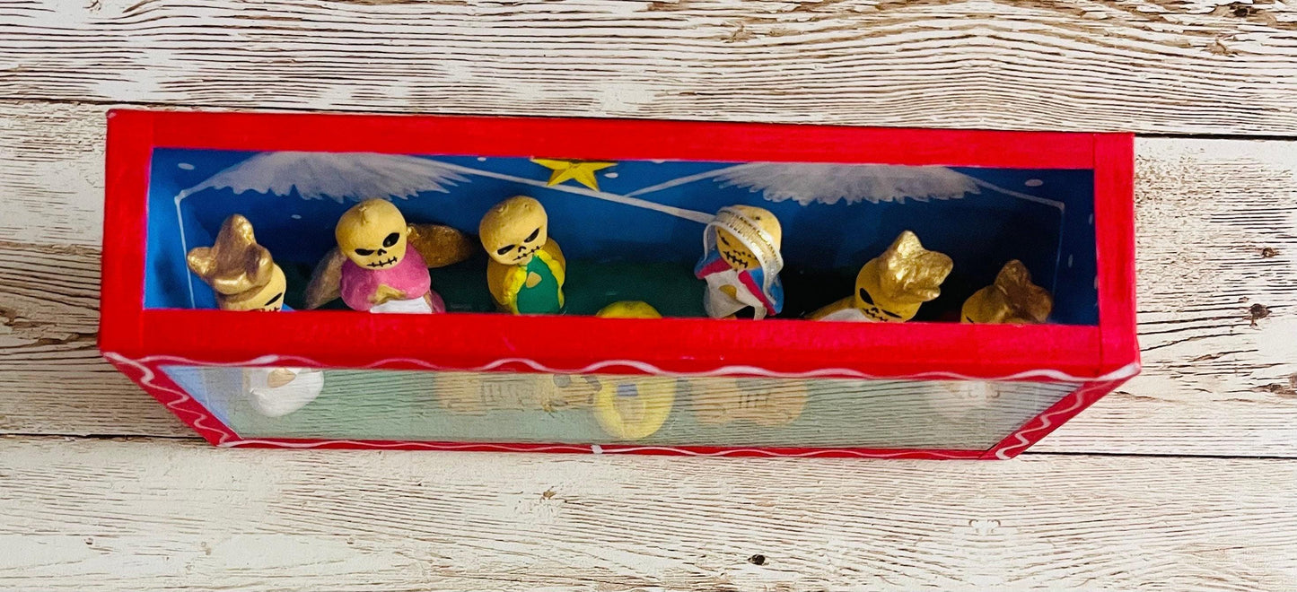 Nicho Mexicano De Nacimiento de Catrinas y Vitrina Mexican Sugar Skulls Nativity Scene Shadow Box