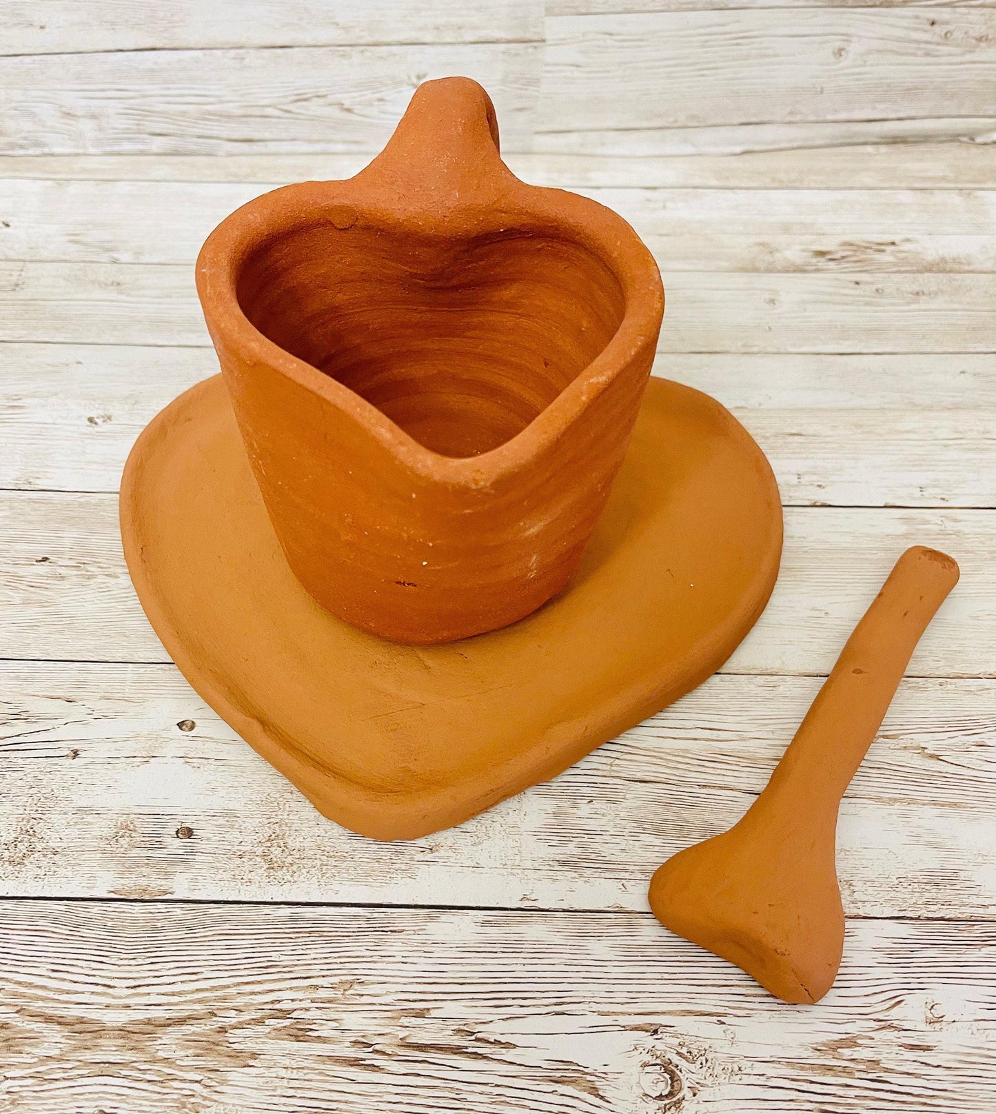Mexican Red Terra Cota Heart Cup Mug with Heart Plate & Spoon Taza Plato y Cuchara de Corazon de Barro Rojo Mexicano