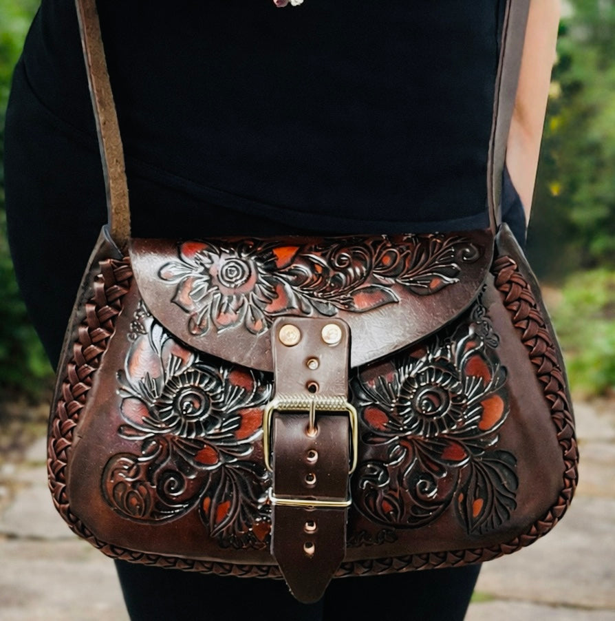 Mexican Leather Tooled Crossbody Handbag Bolsa Mexicana de Piel Cincelada