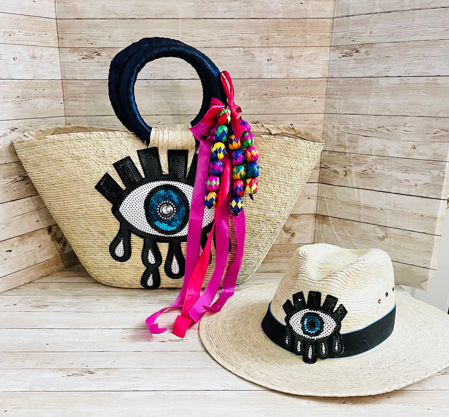 Mexican Artesanal Palm Leaf Beach Tote Bag and Hat Bolsa Mexicana Artesanal de Palma con Sombrero