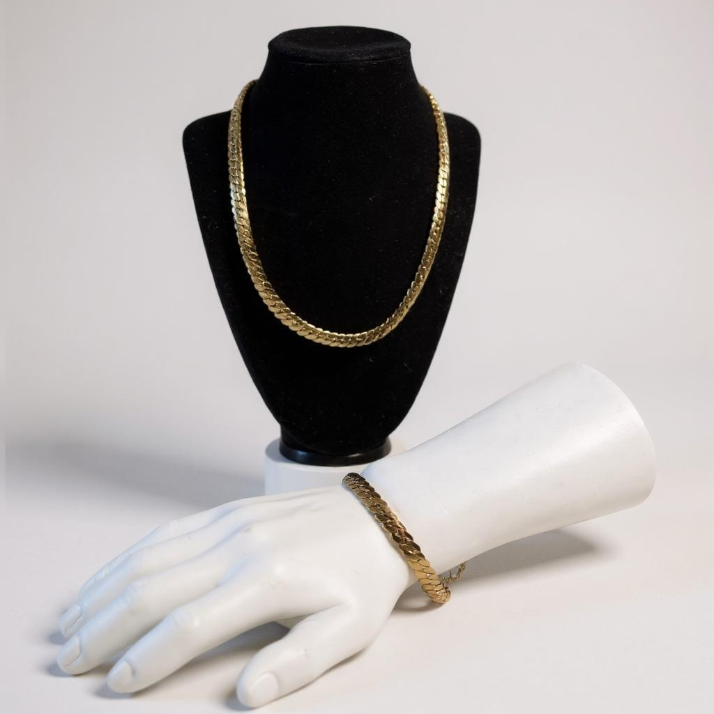 Unisex Classic Cuban Gold Tone StainlessSteel Necklace and Bracelet