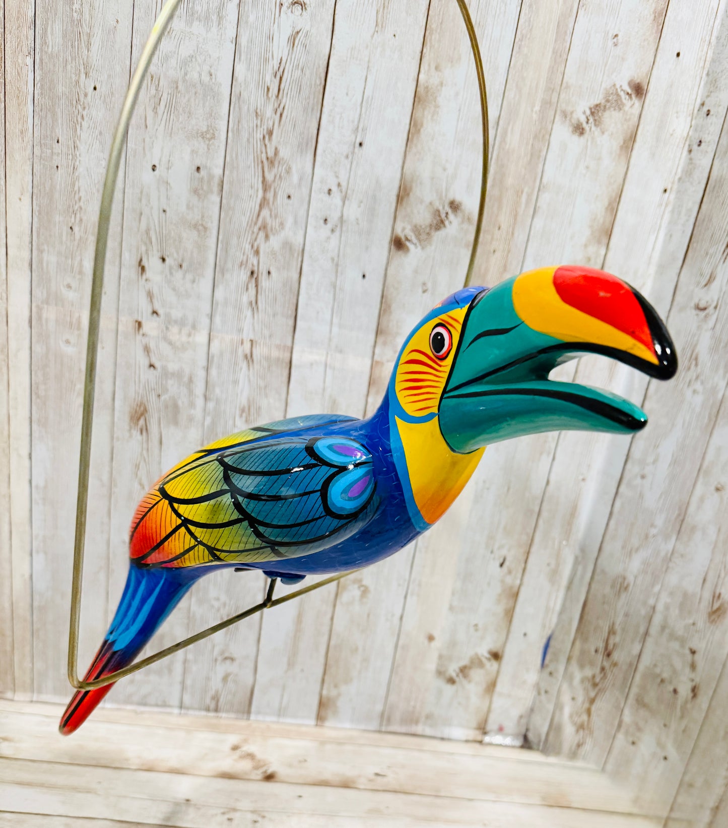 Mexican Exotic Ceramic Bird on a Perch Pajaro Mexicano de Ceramic en Aro