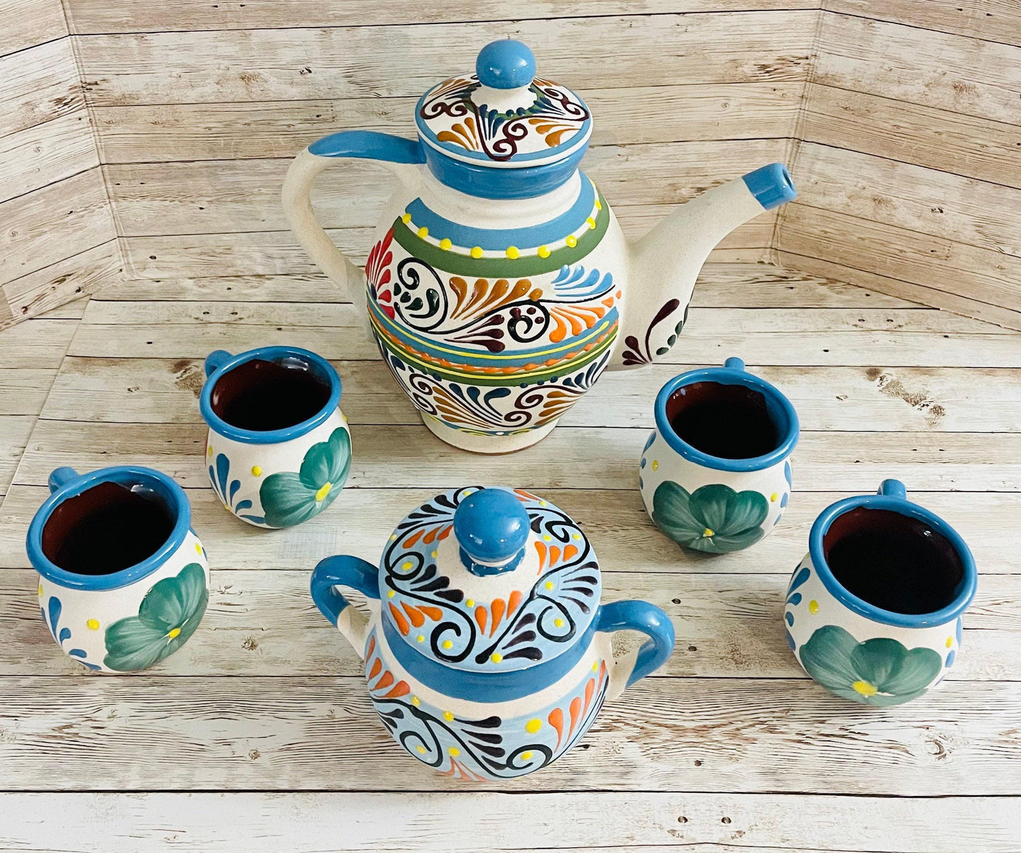 Terra Cotta Mexican Art Pottery CoffeeTea Set Drinkware With 4 Mugs Jarra Lechera Cafetera Artesanal con 4 tazas y Azucarera