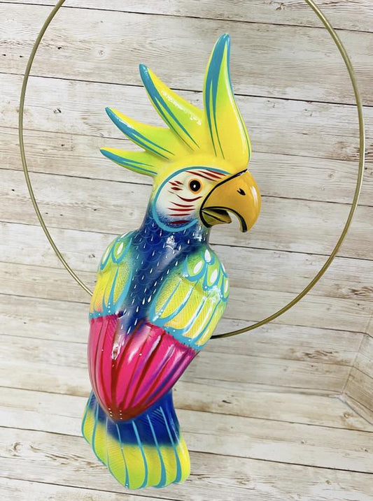 Mexican Exotic Ceramic Bird on a Perch Pajaro Mexicano de Ceramic en Aro
