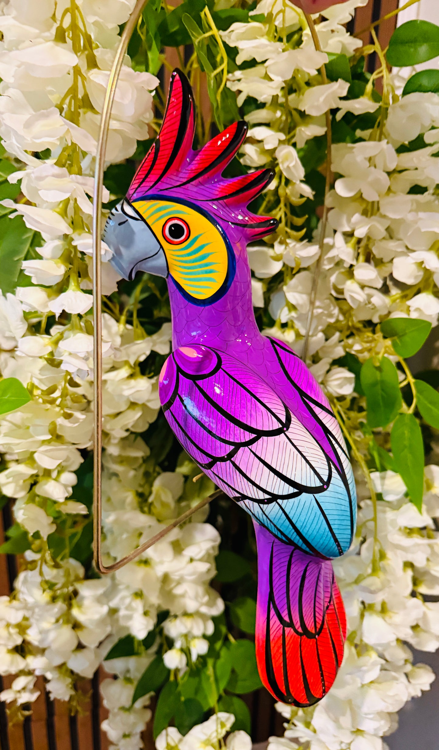 Mexican Exotic Ceramic Bird on a Perch Pajaro Mexicano de Ceramic en Aro