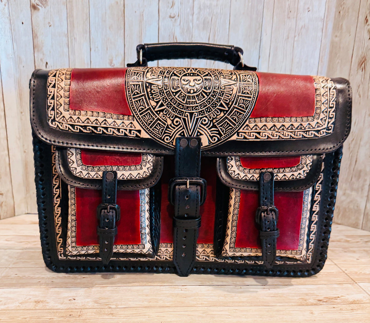 Tooled Leather  Handmade Aztec Satchel Mexican Artisan Shoulder Bag