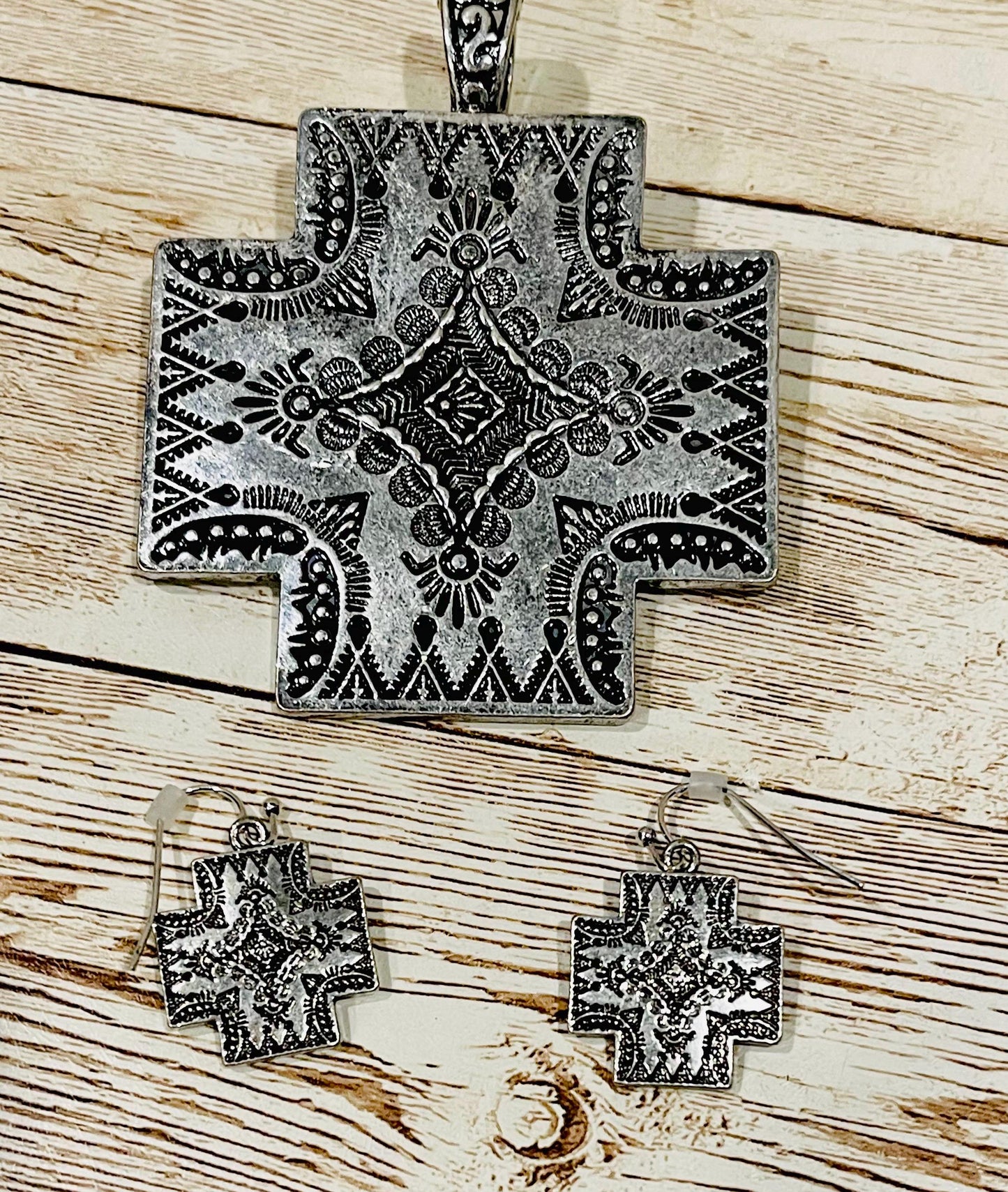Western Cross Pendant & Earring Set Antique Silver Tone Jewelry Juego de Dije y Aretes de Cruz Estilo Color Plata Antigua