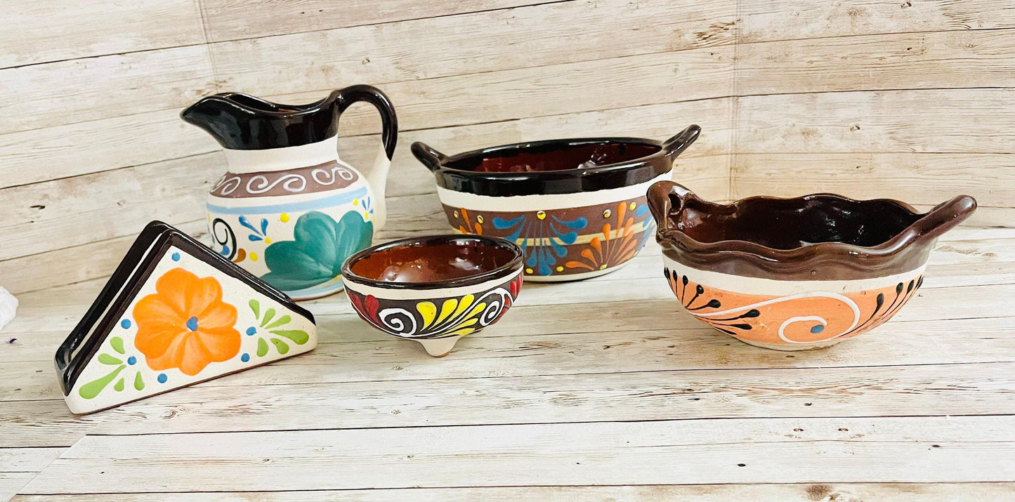 Terra Cota Napkin Holder, Salsa & Dish Bow, Molcajete Pitcher Set de Barro Lechera, Servilletero, Molcajete y 2 Platos