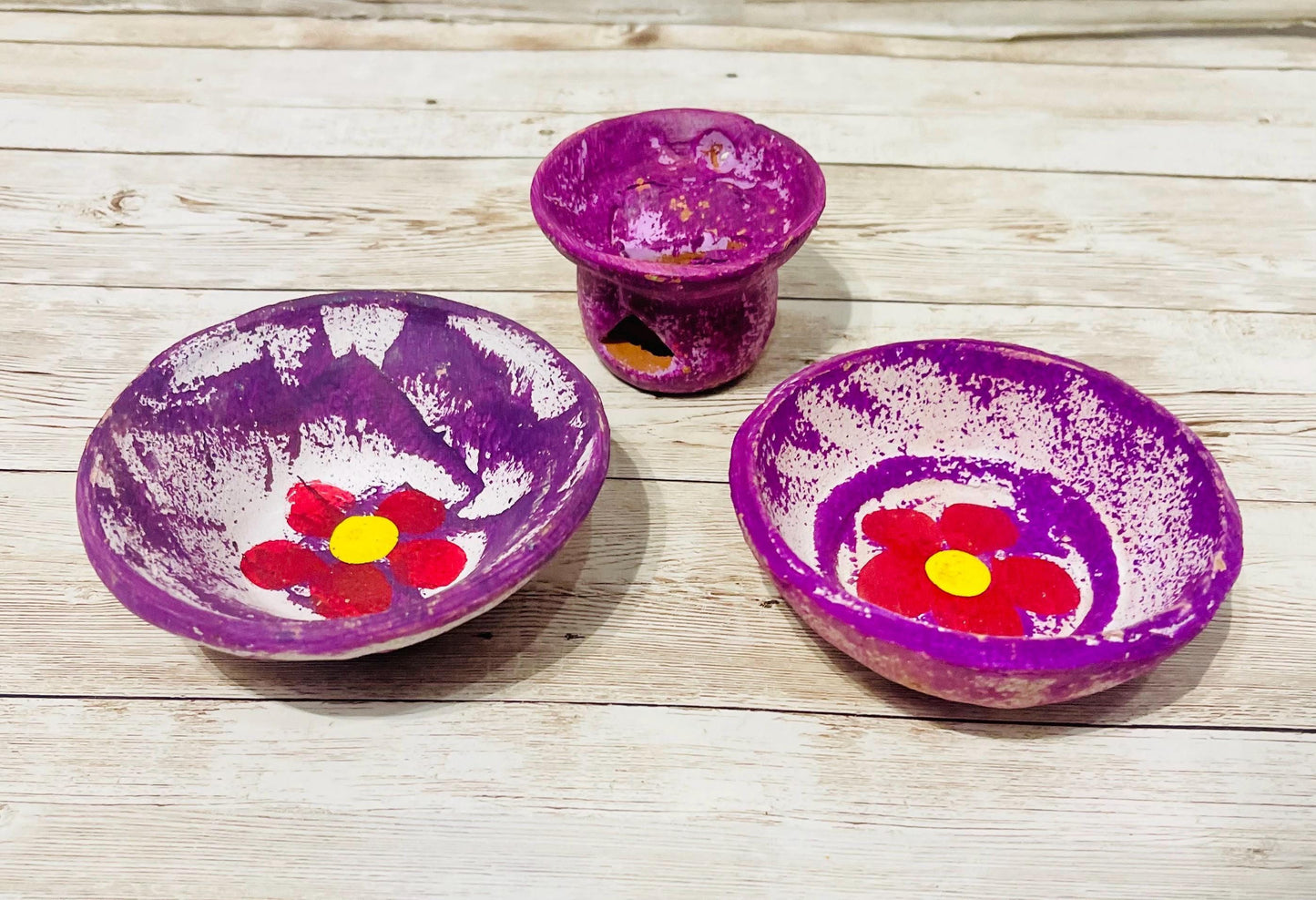 2 Platitos y 1 Anafre de Barro Mexicano Chico 2 Small Mexican Clay Platesand 1 Incense Burner Day of the Dead Dia de Muertos