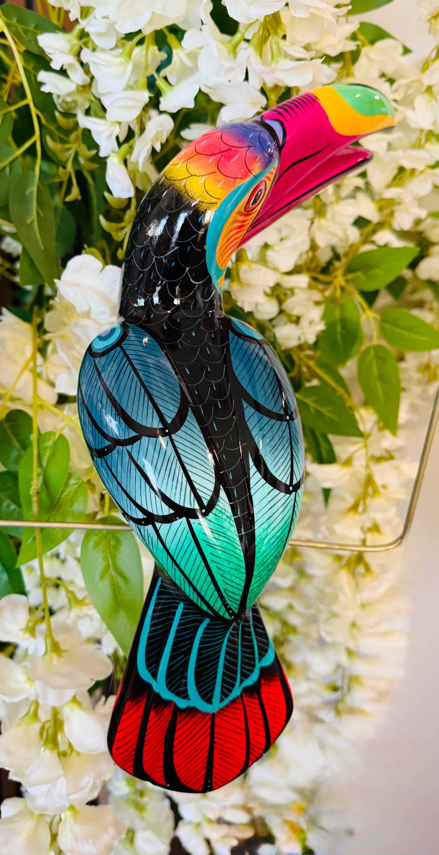 Mexican Exotic Ceramic Bird on a Perch Pajaro Mexicano de Ceramic en Aro