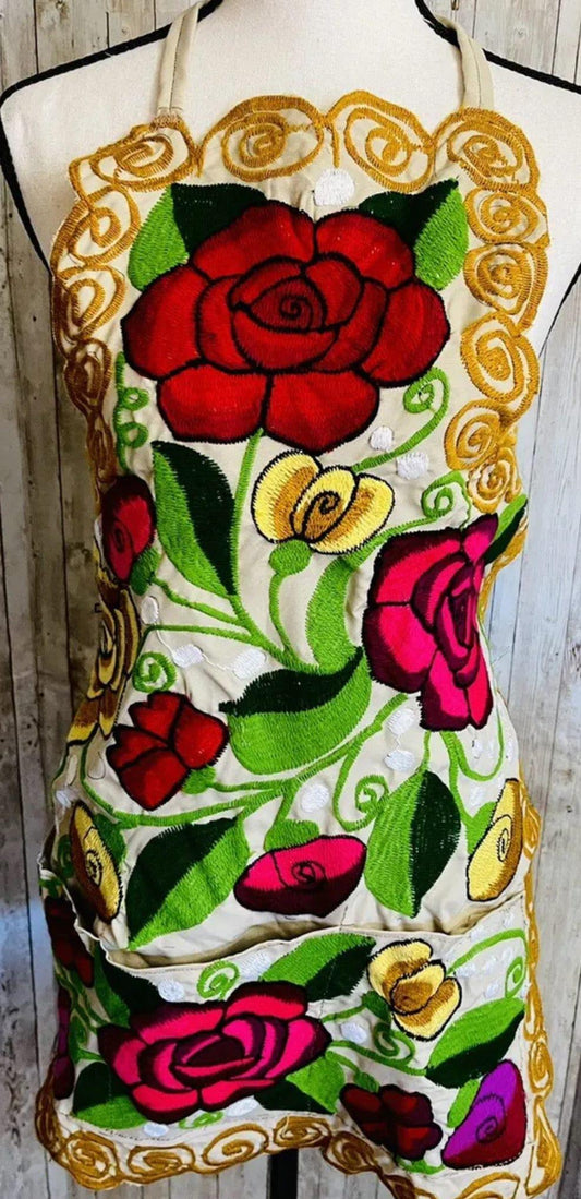 Mexican Embroidered Handmade Kitchen Flower Apron Mandil Delantal Mexicano Bordado de Flores
