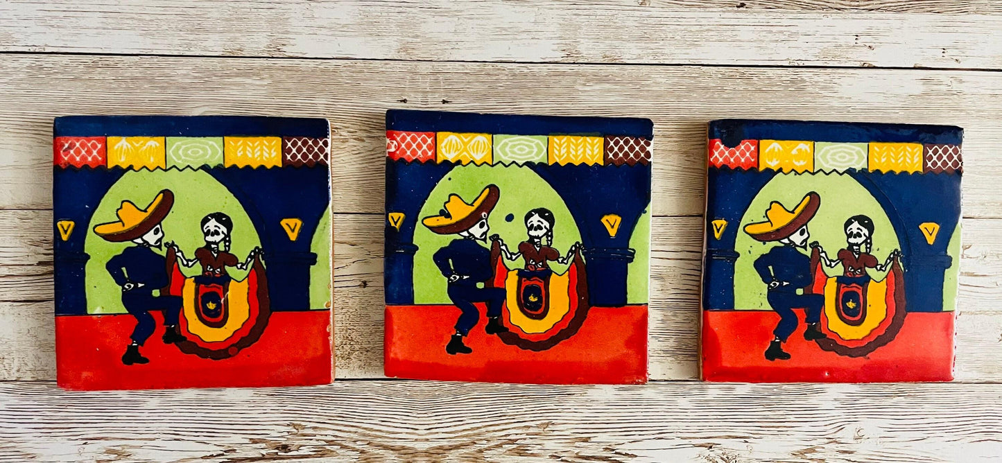 3x Mexican Day of the Dead Sugar Skull Tiles Coasters 3x Azulejos oh Portavasos De Catrinas Dia de Muertos