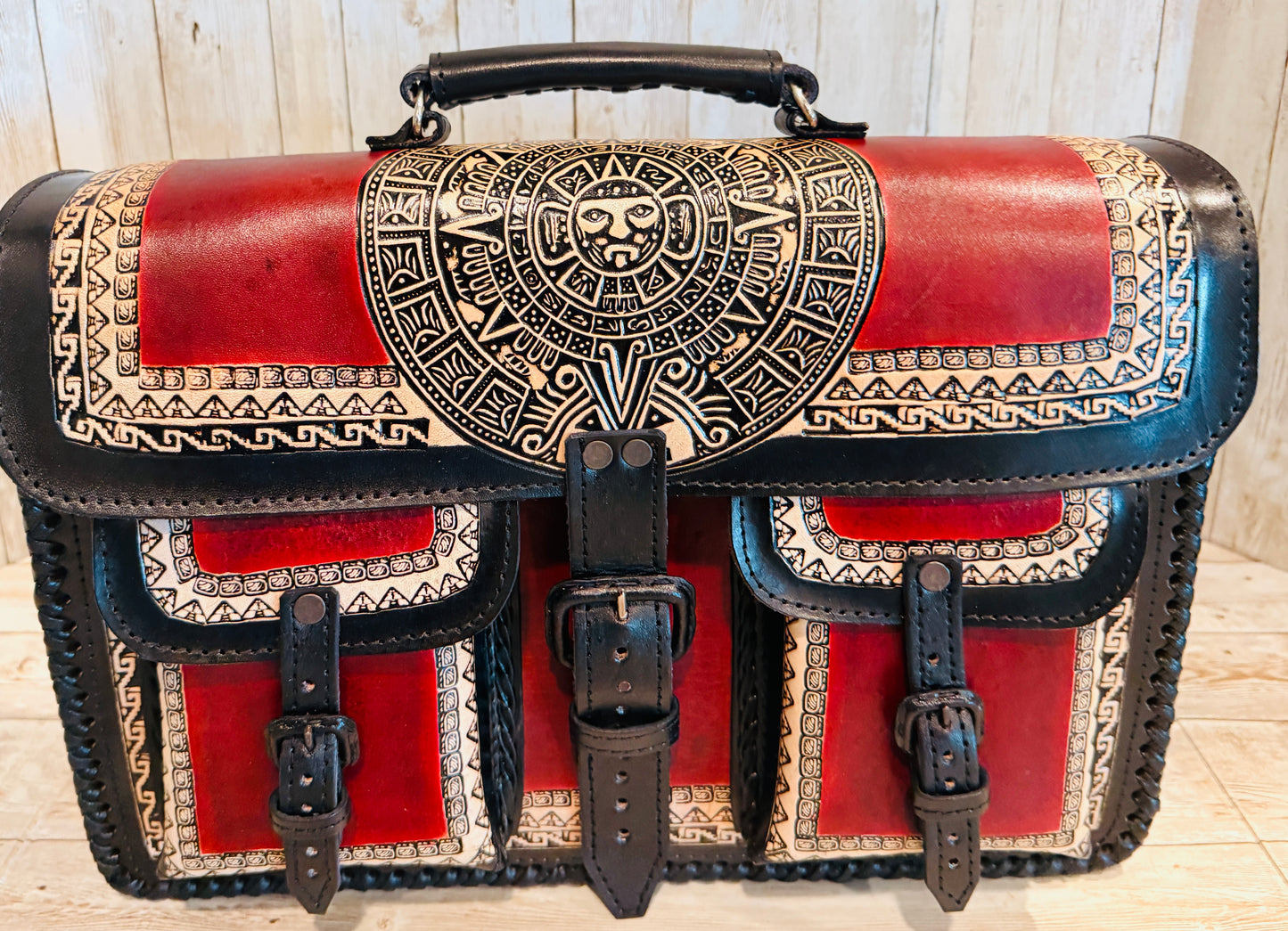 Tooled Leather  Handmade Aztec Satchel Mexican Artisan Shoulder Bag