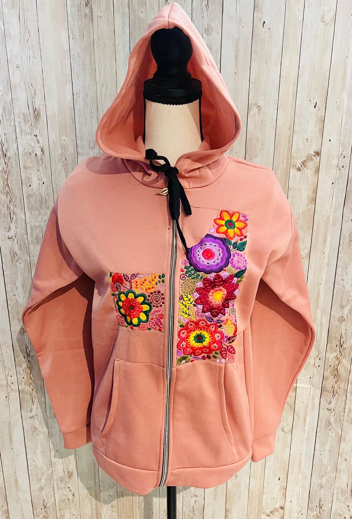 Mexican Embroidered Hoodie Zip Front Sweater Size Large Sueter Bordado Mexicano con Zipper