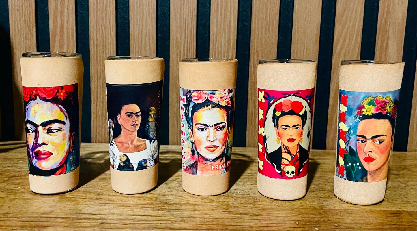 5 Frida Kahlo Mexican Leather Shot Glasses Vasos Tequileros de Frida Kahlo Set De 5 con Forro de Piel
