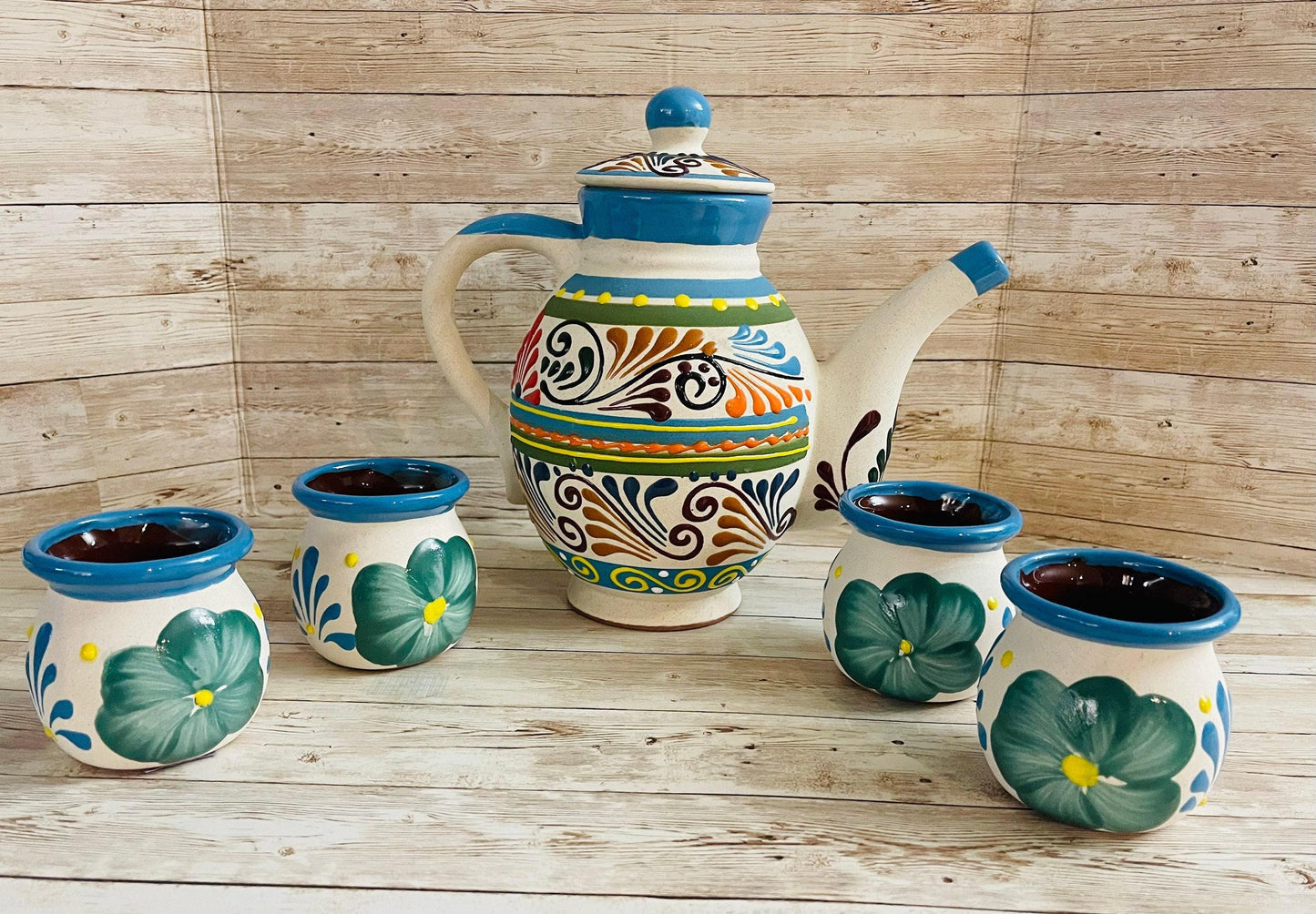 Terra Cotta Mexican Art Pottery CoffeeTea Set Drinkware With 4 Mugs Jarra Lechera Cafetera Artesanal con 4 tazas y Azucarera