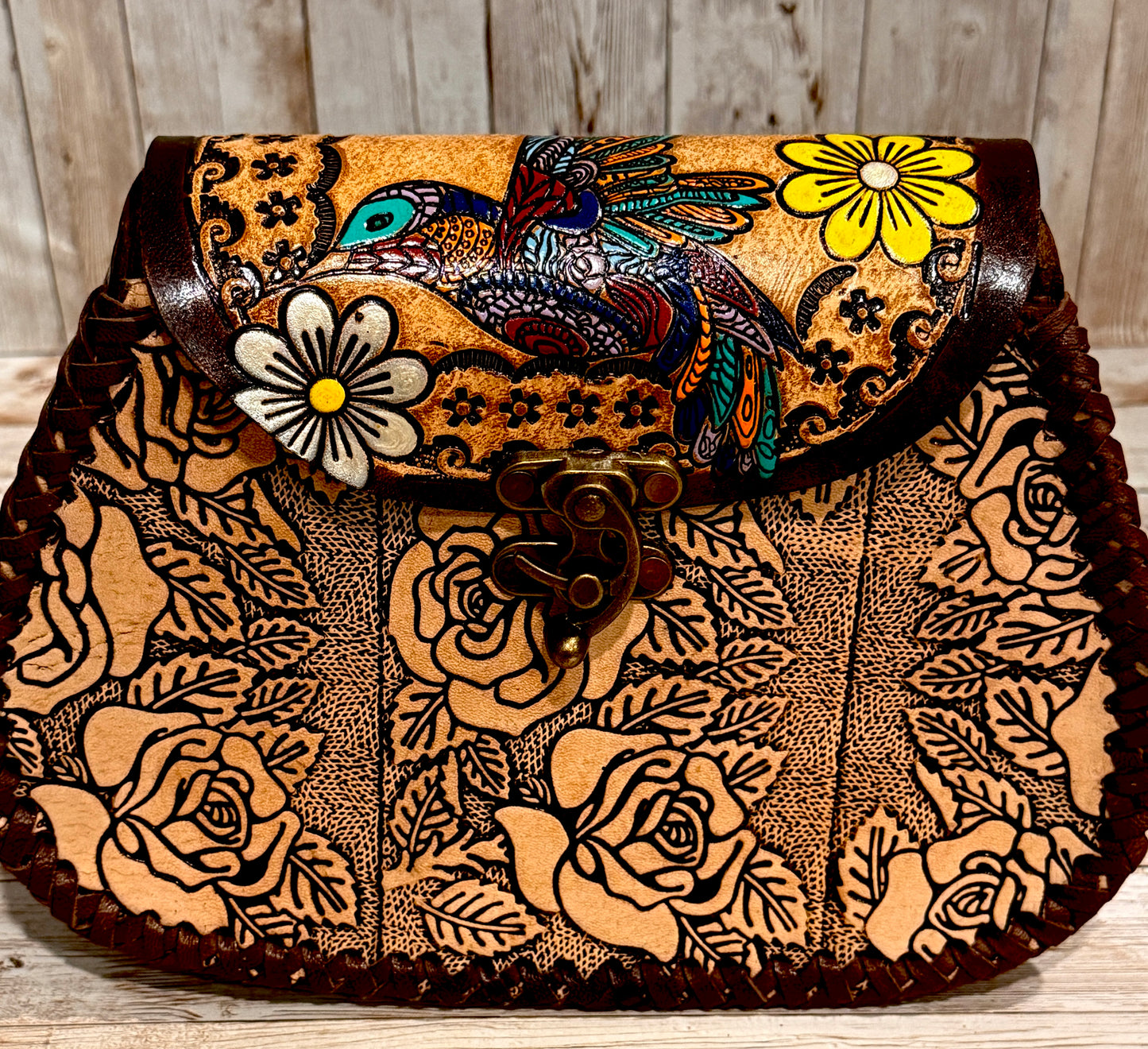 Mexican Leather Tooled Handbag Bolsa Mexicana de Piel Cincelada