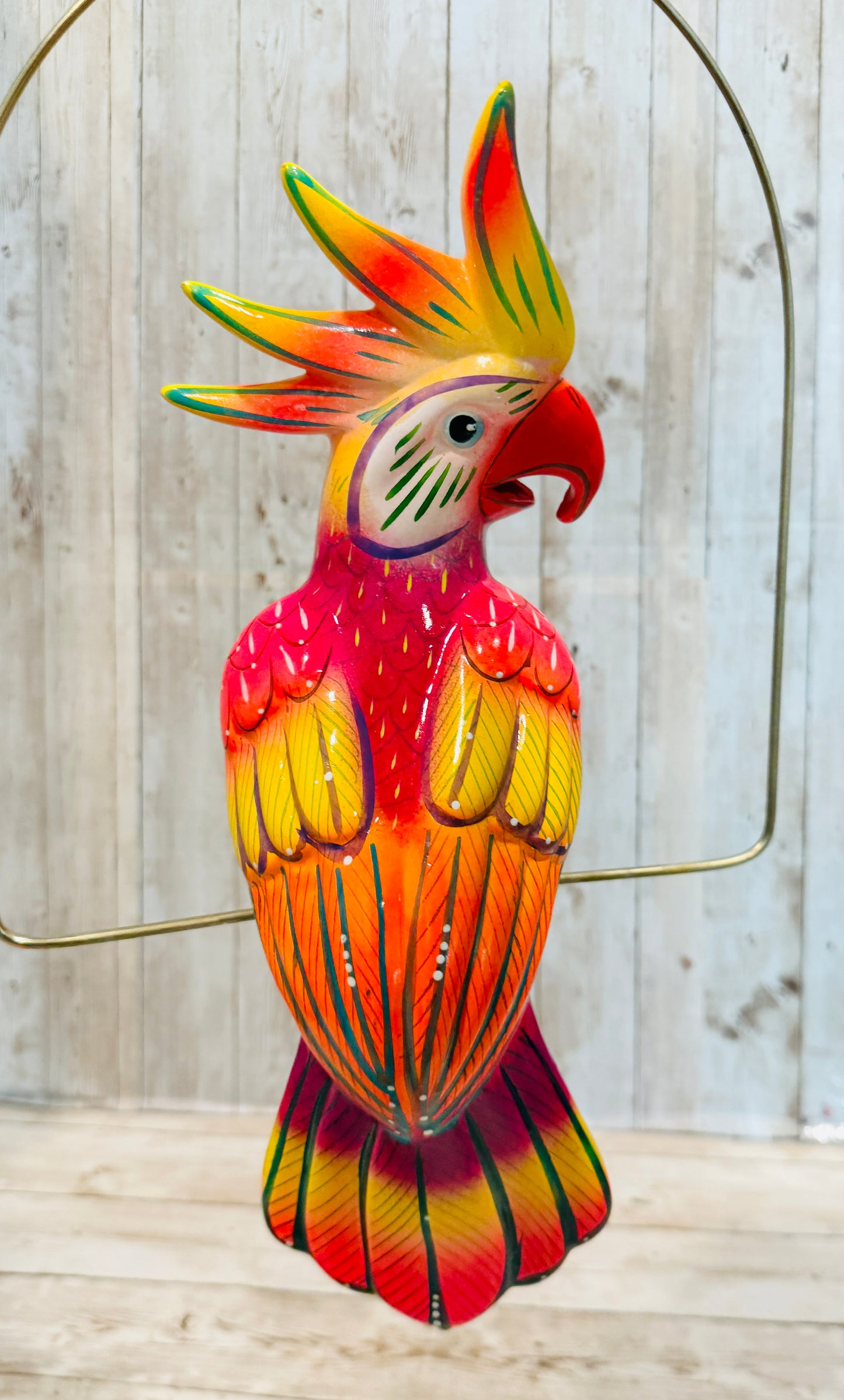 Mexican Exotic Ceramic Bird on a Perch Pajaro Mexicano de Ceramic en Aro