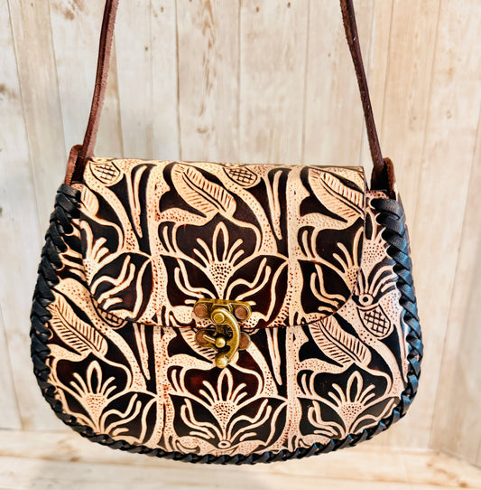 Mexican Leather Tooled Handbag Bolsa Mexicana de Piel Cincelada