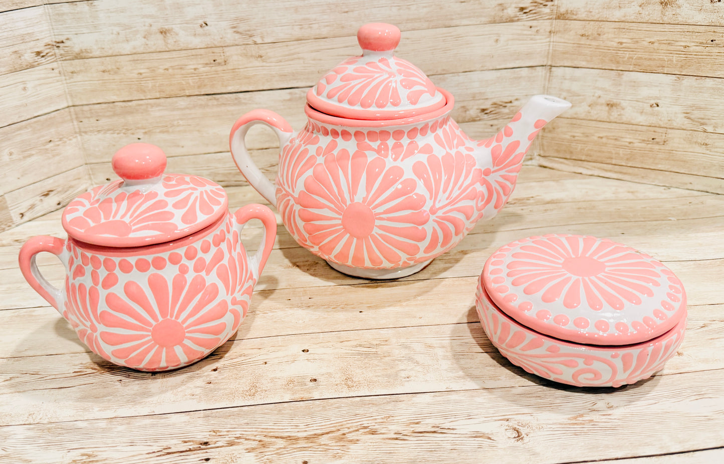 Mexican Pink Talavera Coffeepot Teapot Set with Sugar Bowl and Serving Dish with Lid Talavera Rosa Tetera con Azucarera y Charola Chica para Servir