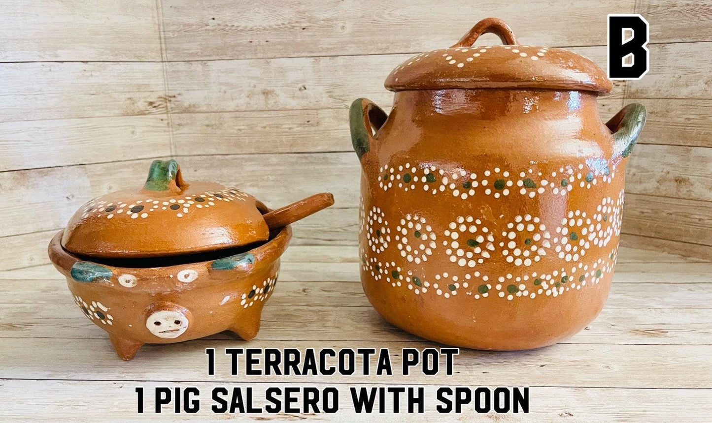 Terracota Bean Pot Salsa Bowl with Spoon & Salt Shaker Olla de Barro Salsero con Cuchara y Saleros
