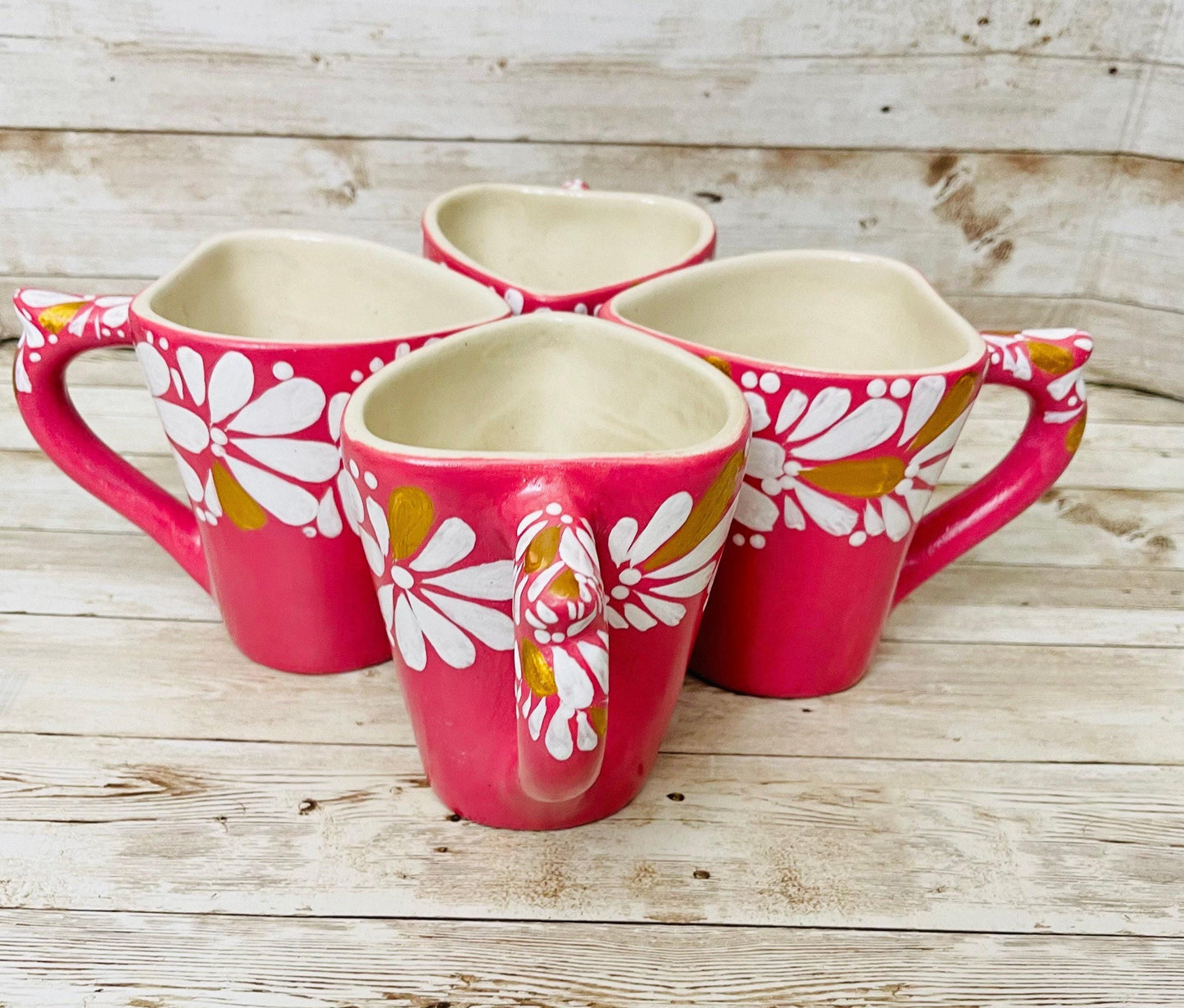 4x Mexican Ceramic Heart Shaped Pottery Cups 4x Tazas de Ceramica Mexicanas en Forma de Corazon