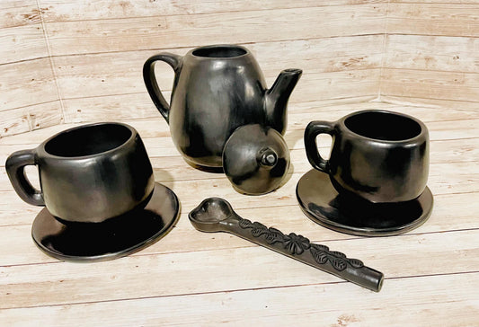 Black Oaxacan Mexican Clay Coffee Tea Pot with 2 Mugs, Plates & Sugar Spoon 1  Tetera de Barro Negro Con 2 Tazas Plato y Cuchara Azucarera