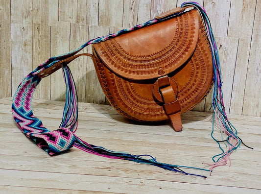 Handcrafted Tooled Western Mexican Leather Crossbody Bag with Woven Straps Bolsa Mexicana de Piel con Correa Tejida