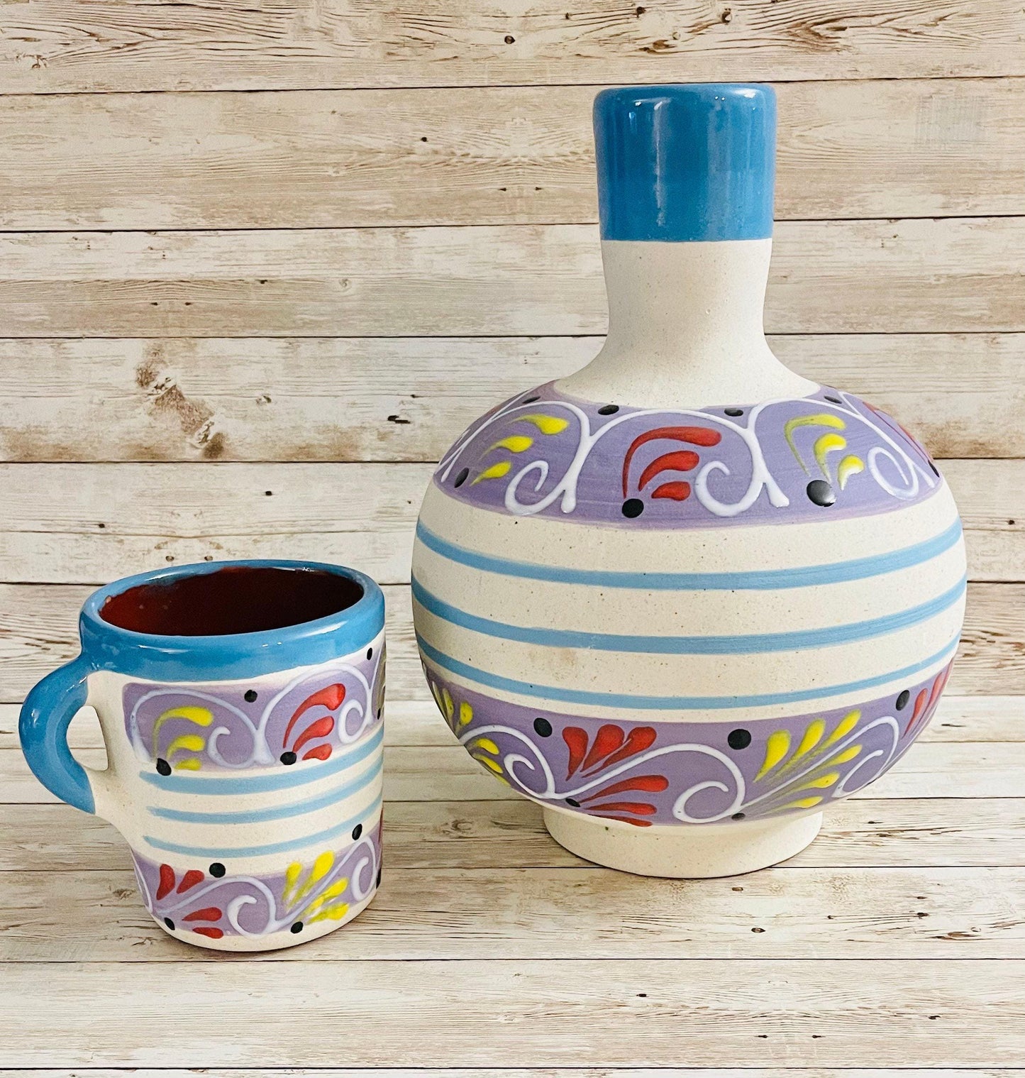 Terra Cotta Mexican Art Water Jug with Cup Garrafon de Barron Artesanal Mexicana con Vaso