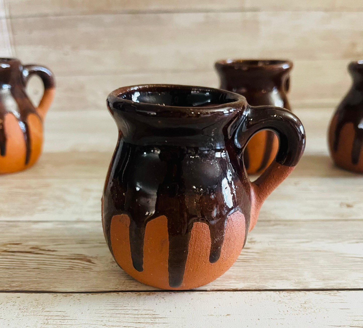 4 X Terra Cota Small Mexican Mugs 4 Tazas Jarritos De Barro Mexicano